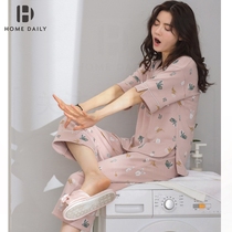 Sleepwear Lady Summer Pure Cotton Seven Pants Korean Version Big Code Extras Outside Wearing Summer Thin Full Cotton Home Suit Womens Spring Autumn