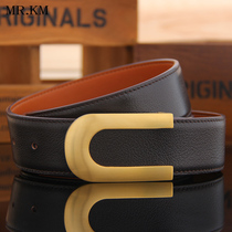 MR KM Round Wire Drawing Copper Button Men Strap Smooth Buckle Belt Fashion Casual Mid Youth Pants Strap