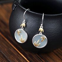 S925 pure silver ear plated golden bamboo leaf inlaid and fields white jade naturally fresh individuality earrings