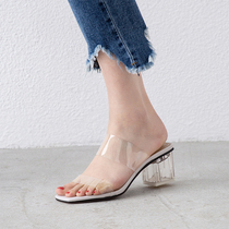 Transparent coarse heel slippers female summer wear 2022 new middle heel fashion genuine leather ladies crystal heel high heel sandals
