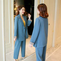 2021 Spring and Autumn Blue Suit Women Korean Professional Loose Leisure Temperament English Style Suit Two-piece