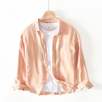Striped linen long sleeve shirt for mens day little frescoed casual upper clothes fall Coloured loose cotton linen shirt