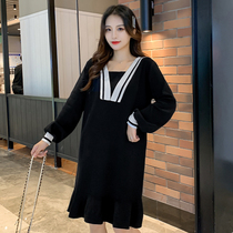 Pregnant women autumn winter clothing 2021 new fashion Korean version long sleeve color square collar dress loose thin skirt autumn