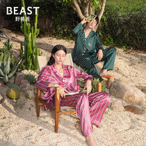 THEBEAST Fauvist green stripe print silk spring and summer models can be worn outside the lower body couple pajamas home clothes