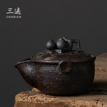 Three times wood-fired treasure bottle teapot Japanese handmade coarse pottery hand-grasping pot Pine cone cover bowl Kung Fu tea set Tea-making device