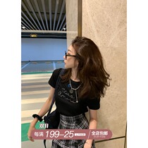 skibyTannin letter short sleeve T-shirt female 2021 summer new solid color casual ins Super fire round neck top