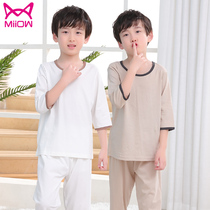 Boys home clothing Cotton Girl short-sleeved pajamas set 3 air-conditioned clothing 6-9 years old 12 children 15 spring and autumn thin