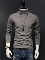 Semi-high collar pure color long sleeve mens T-shirt autumn winter style pure cotton thickened blouses with a hitch-up undershirt