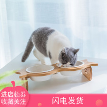 Jumping home pet dog bowl supplies cat food bowl neck guard to prevent overturning cat bowl wooden double bowl