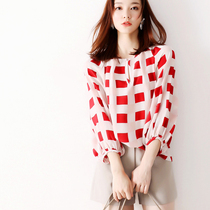 Japanese womens summer new thin feminine French color grid lantern sleeve double crepe silk blouse women