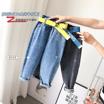 Green children) Korean children 2020 Autumn high stretch tiny feet nostalgic cat grab jeans simple tide trousers