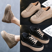 Real leather spring 100 lap Nets heightening women shoes autumn style Breathable Thick Sole Shoes 100 Hitch Plate Shoes Single Shoes 8 Cm Pine Pastry Shoes