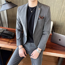 Plaid suit mens suit casual trend slim Korean version of mens wedding small suit jacket dress groom wedding