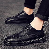 Casual leather shoes mens leather business mens shoes autumn English dress trendy shoes soft base Black Bean shoes men