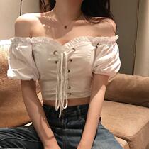 Spring dress lady 2021 new palace vintage retro lined with shoulder lace short Blister Sleeves High Waist Shirt Blouses