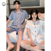 Couples pajamas womens summer ice silk thin short sleeves plaid silk satin mens cardigan loungewear set can be worn outside
