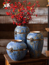 Retro blue Chinese ceramic vase to do old pottery jar living room flower arrangement flower arrangement decoration rough pottery vase three-piece set