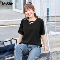 MsShe large size womens 2021 new summer clothes fat sister asymmetric hollow V-neck eroded wool cotton base T-shirt