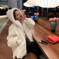 Sandro Tonali lambskin coat womens 2020 winter new loose medium long section thick plush hooded sweater