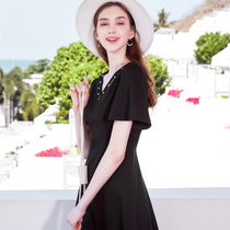 Tricolor 2021 summer elegant pearl V-neck small black skirt Hepburn style slim slim A-line dress