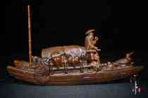 Boutique Yellow Poplar Wood Carved Fishing Boat Swing Piece A Solid Wood Engraving Handlebar Piece Living Room Decoration Craftsmanship Ancient Play Collection