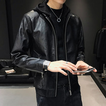 2021 autumn and winter leather clothing mens Korean slim leather jacket trend casual motorcycle short hooded jacket jacket