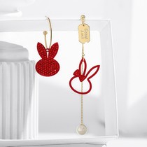925 silver needle girl department sweet cute rabbit red asymmetrical earrings women 2020 new trend