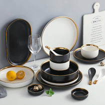4-6 people simple matt black white drawing gold edge ceramic tableware set of high-end set ins household dishes combination