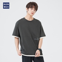 Hanska 2022 summer new cotton short sleeves men Korean version trend fake two loose casual crew neck T-shirt men