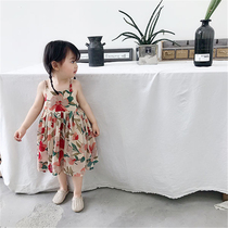 2022 Korean version of the new girls summer clothing retro ink painting flower hanging with skirt baby Snow spinning princess Lieven dress