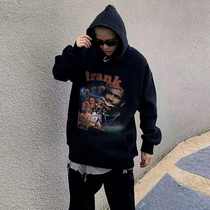 Sanjati crane character spray plus velvet hoodie frank ocean High Street men and women couples hip hop sweaters