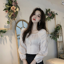 2021 Spring and Autumn New Korean version of elastic shoulder temperament waist slim short coat foreign style Joker long sleeve shirt Women