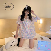 Japanese short-sleeved pajamas pajamas two-piece suit loose original design floral striped home clothes female sweet and lovely