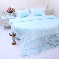 Pure cotton round bed 4-piece round bed bed bed four-piece set Korean princess bed blue love can be customized
