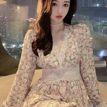 Lace stitching chiffon floral dress female 2021 New Long Sleeve V collar thin French Platycodon grandiflorum a skirt