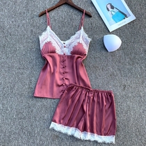 Summer Sexy Ice Silk Harnesses Shorts Pyjamas woman Two sets with chest cushions Poly Lace Lace Slim silk sleeping dress