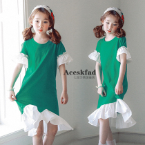 2021 summer new Korean girl hem Lotus lace dress childrens middle-aged children fresh fishtail long dress