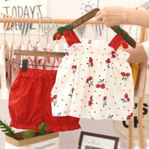 Girls summer clothing suit 2022 new childrens clothing Han version Ocean Gas Cherry Harnesses Shorts Women Baby Chic two sets