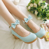 Sweet women bow high heels womens shoes blue green pink cosplay Lolita students single shoes women