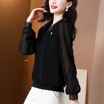 Black V-collar snow shirt female long-sleeved foreign air 2022 new autumn fashion high-end beautiful shirt top