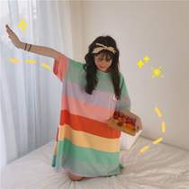 Dress mid-length student color piggy rainbow night dress split stripes thin and cute Korean loose t-shirt skirt