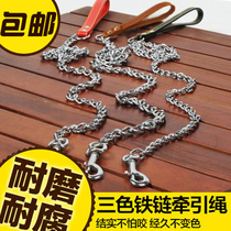 Leather handle dog chain sub-walk dog rope small medium large dog with gold wool anti-bite traction rope iron chain plated stainless steel
