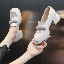 Lacquer Leather High Heels Shoes Woman 2022 New Summer Fashion Coarse Heel Water Drill Inellen Small Leather Shoes Spring Autumn Single Shoes