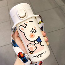 Thermos Cup bounce cover female cute student portable stainless steel cup simple fresh Mori cross body cartoon Cup