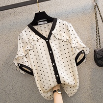 South Korea Po Dot Snow-spinning Jersey Woman Short Sleeve Summer New Korean Version Loose Design Sense Temperament Blouse Foreign Air Small Shirt Tide