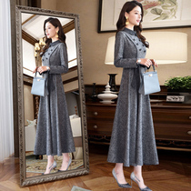 2021 autumn new knitted long-sleeved dress womens long Korean version waist temperament thin skirt spring and autumn