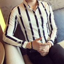 2021 New shirt mens long sleeve slim Korean version of handsome striped shirt business non-iron casual trend cs