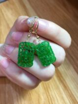 Natural Xinjiang Hetian Jasper square brand drop earrings 18k gold inlaid female Jasper Xiangyun hollow carving decoration