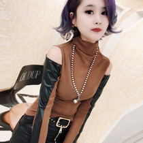 Hong Kong Tide brand 2021 Autumn New style night sexy strapless top female mesh gauze long sleeve high neck base shirt