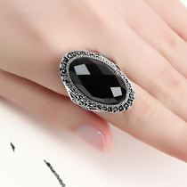 Jiashun 925 retro Thai silver jewelry black chalcedony agate gem Oval living mouth atmospheric index finger middle finger female ring